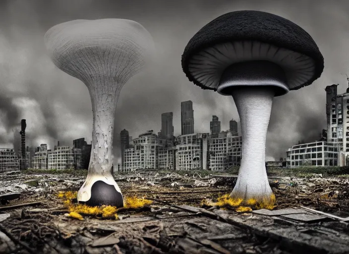 Prompt: nuclear mushroom in the city . Horror dystopia style. Highly detailed 8k. Intricate. Nikon d850 300mm. Award winning photography.