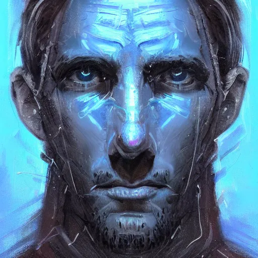 Image similar to Portrait of a man by Greg Rutkowski, symmetrical face, he is about 30 years old, messy long black hair, tired appearance, roman nose, he has become some sort of biomechanical transhuman god with eyes that glow electric blue, peaceful but sad expression, highly detailed portrait, digital painting, artstation, concept art, smooth, sharp foccus ilustration, Artstation HQ.