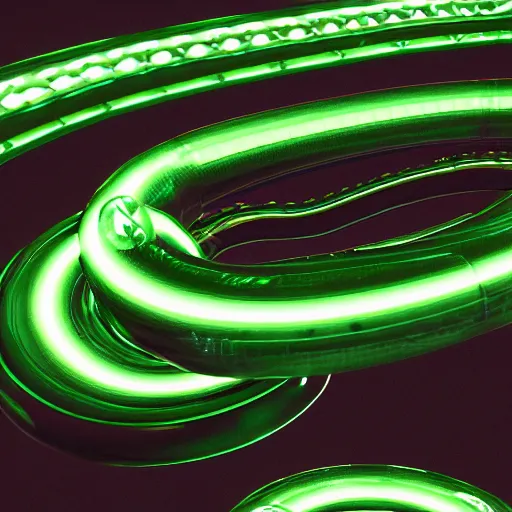 Image similar to an illustration of a green and black neon mechanical snake, octane render, 3D