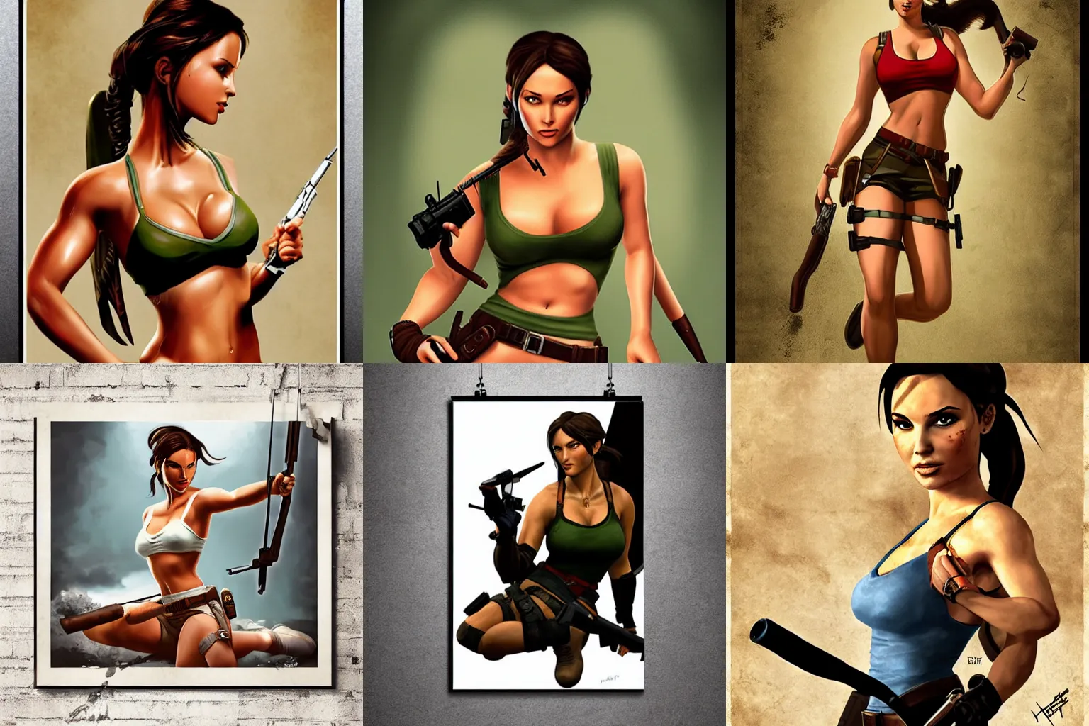 Prompt: a classical pinup poster of lara croft