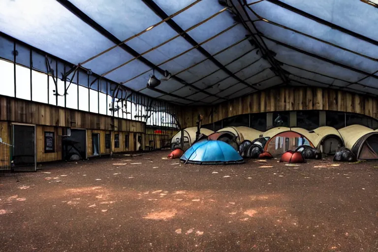 Prompt: post apocalyptic over grown indoor leisure centre shelter, night time, barrel fires and tents, dystopian, dirty