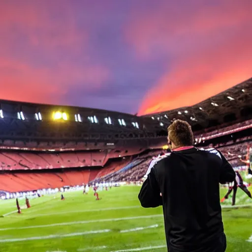 Image similar to A stoic football manager directing his team on the sideline of a giant gothic stadium, apocalyptic orange sky, flares in the stands