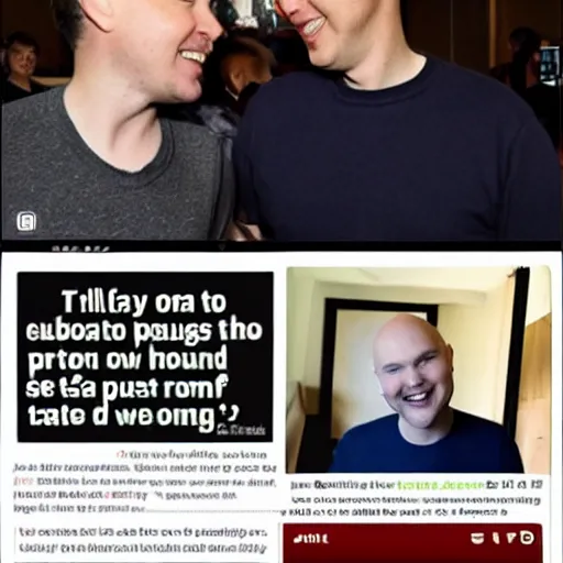 Image similar to billy corgan is seen talking to his friends about going into business together. then billy and mark zuckerberg see an ad in the paper for a house to rent. they are both laughing and trying to decide which to choose