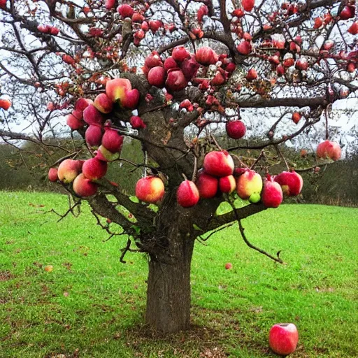 Prompt: an apple tree with half eaten apples