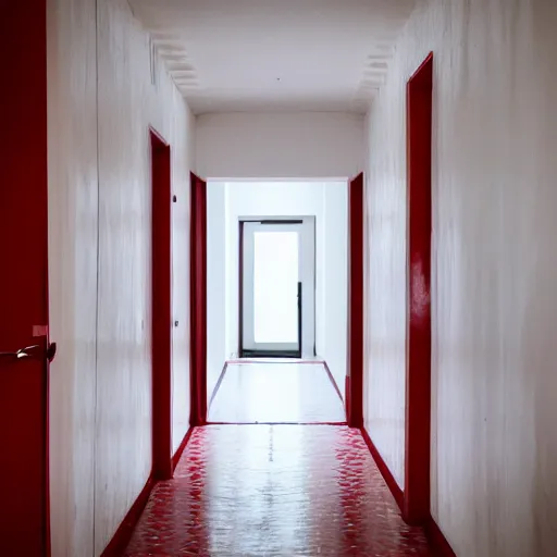 Prompt: an all white hotel hallways with a red door at the end, liminal space,