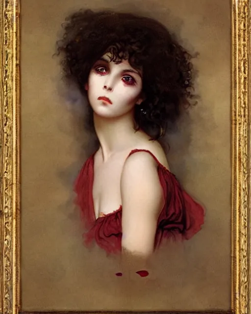 Prompt: a beautiful but sinister girl in layers of fear, with haunted eyes and curly hair, 1 9 7 0 s, seventies, delicate embellishments, a little blood, crimson, painterly, offset printing technique, by alexandre cabanel