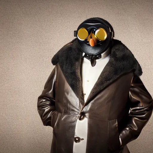 Image similar to anthropomorphic goose wearing steampunk leather goggles, leather facial mask, a long leather coat, dramatic lighting, full body shot, sigma 5 0 mm