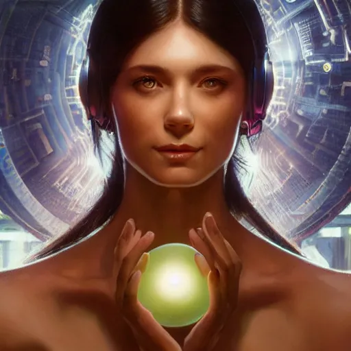 Prompt: a realistic detailed beautiful portrait of a cybernetic woman eating a glowing orb, cyberpunk concept art, digital art, highly detailed, intricate, sci-fi, sharp focus, Trending on Artstation HQ, deviantart, unreal engine 5, 4K UHD image, hyperrealistic, photorealistic, art by artgerm and greg rutkowski and alphonse mucha