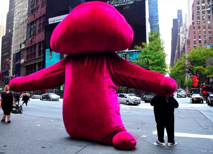 Prompt: Giant velvet and fleece puppet on the streets of New York City