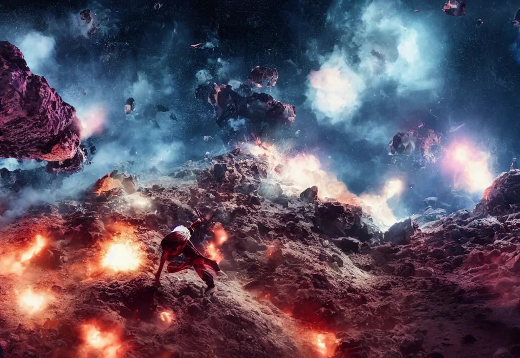 Prompt: fashion editorial in asteroids crashing on earth. gigantic explosions. wide angle shot. highly detailed. depth of field. high definition. 8k. photography.