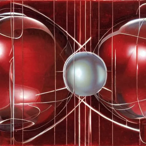 Prompt: chrome spheres on a red cube by leonardo da vinci