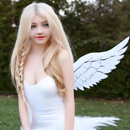 Image similar to of cute 2 0 year old female angel with long blonde hair with wings and white dress