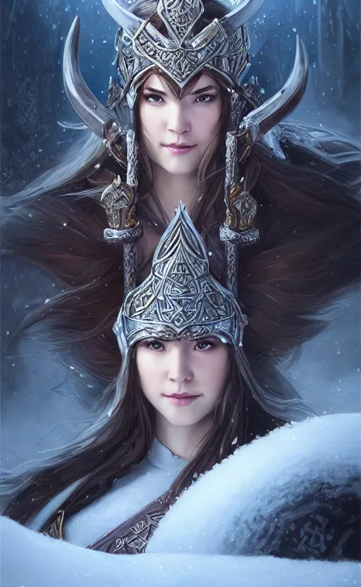 Image similar to azure viking warrior, regal, elegant, winter, snow, beautiful, stunning, hd, illustration, epic, d & d, fantasy, intricate, elegant, highly detailed, wide angle, digital painting, artstation, concept art, smooth, sharp focus, illustration, wallpaper, art by artgerm and greg rutkowski and alphonse mucha and jin xiaodi