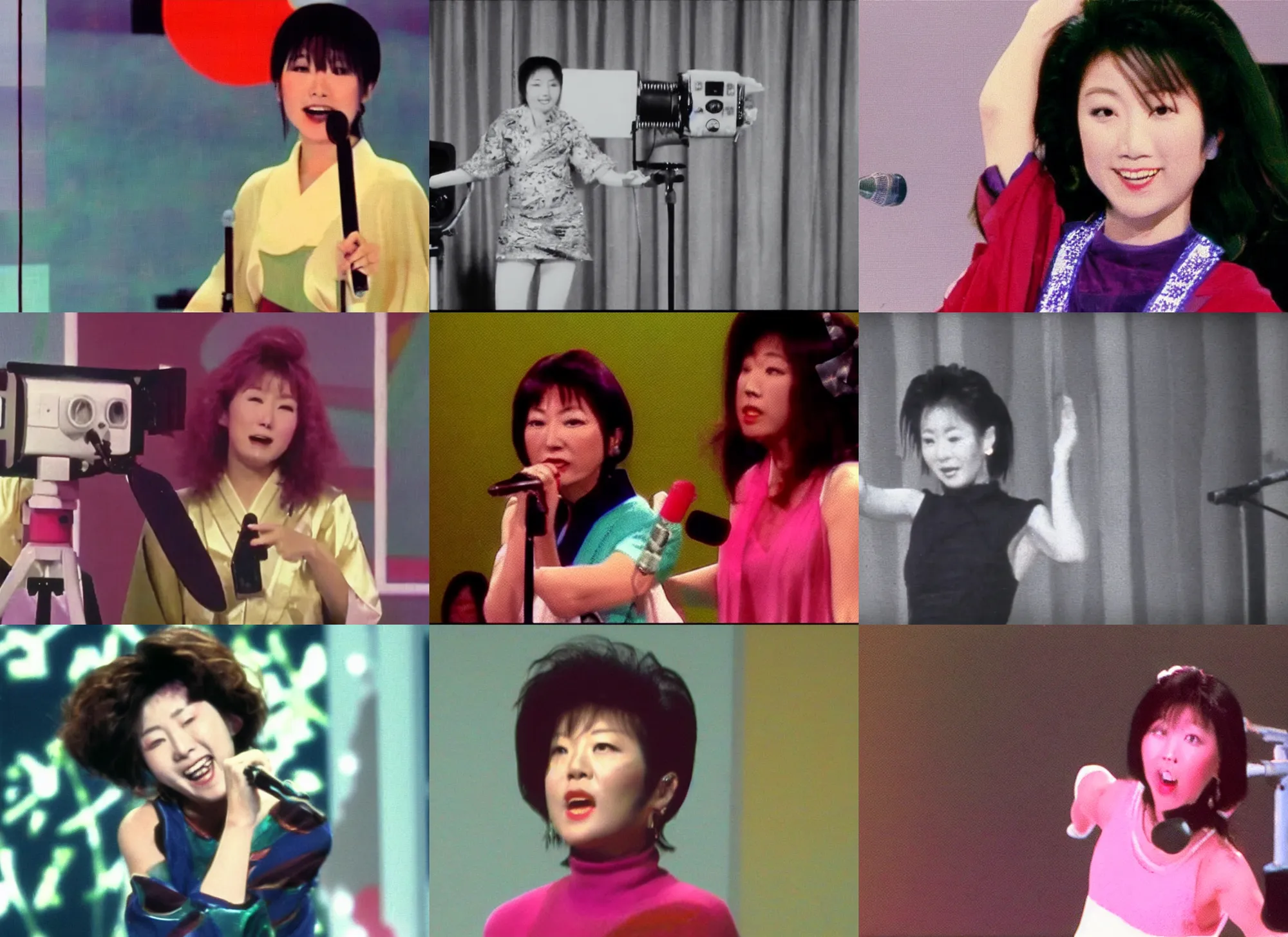 Prompt: color video footage, a woman on the stage, japanese 9 0's tv show.