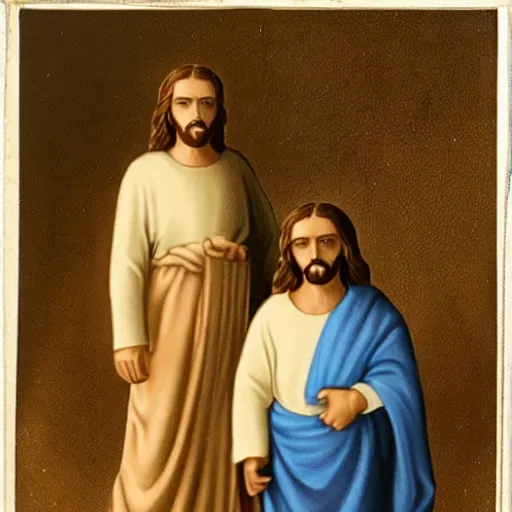 Image similar to old family photo of jesus christ with his brother lucario, hyperrealistic, vintage