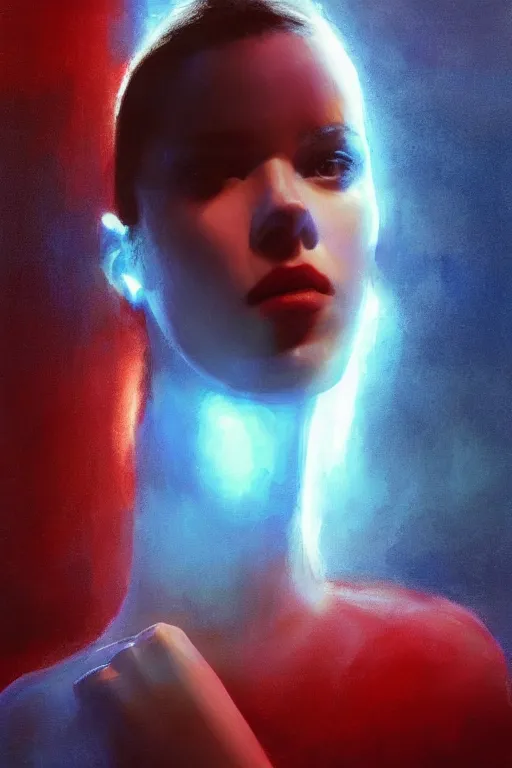 Image similar to 3 d, sci - fi, morning, sun rays, sleepy fashion model face, cinematic, lightning clouds, vogue cover style, stanley kubrick, light red and deep blue mood, realistic painting, intricate oil painting, high detail, figurative art, multiple exposure, poster art, 3 d, by tooth wu and wlop and beeple and greg rutkowski