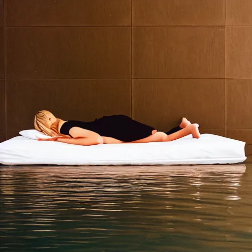 Prompt: a woman sleeping in a bed that is floating in the ocean