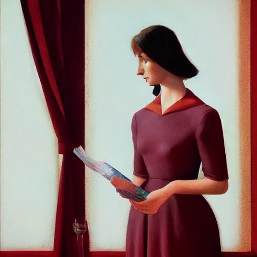 Image similar to beautiful woman in elegant clothing under soft blue light and standing in a burgundy room with vacant stare by edward hopper, arcimboldo, david lynch, greg rutkowski,, trending on artstation