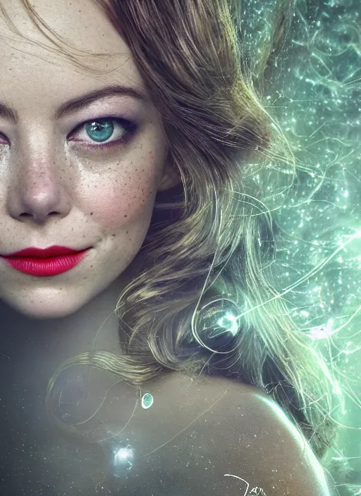 Image similar to glowing silver and golden elements, full close-up portrait, mixture of Emma Stone and Ryan Gosling as a dark witch, book cover, green forest, white moon, red lips, establishing shot, extremly high detail, photo-realistic, cinematic lighting, pen and ink, intricate line drawings, by Yoshitaka Amano, Ruan Jia, Kentaro Miura, Artgerm, post processed, concept art, artstation, matte painting, style by eddie, raphael lacoste, alex ross