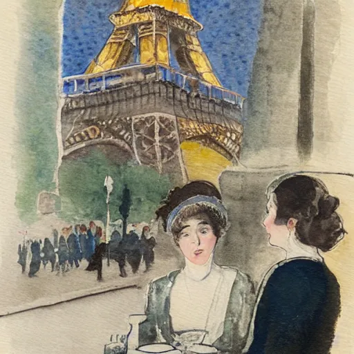 Image similar to two young edwardian women sit outside a cafe in paris at night, the moon is in the sky, the eiffel tower is visible in the background, realistic watercolour