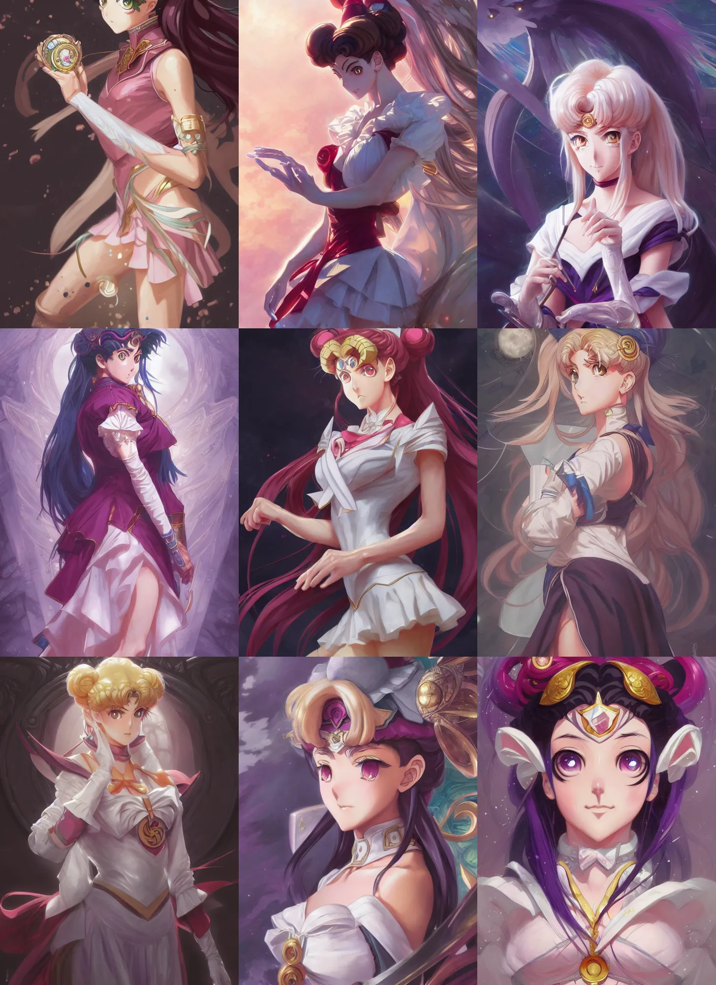 Prompt: characters from the anime sailor moon, d & d, fantasy, intricate, elegant, highly detailed, digital painting, artstation, concept art, matte, sharp focus, illustration, hearthstone, art by artgerm and greg rutkowski and alphonse mucha