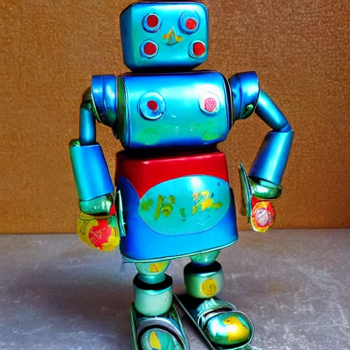 Image similar to japanese tin toy robot, 1 9 6 0, metal, windup, colorful, photograph, brightly painted, highly detailed