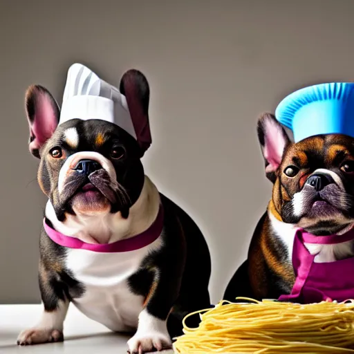 Prompt: a 8k highly detailed still photo by Anne Geddes of Two multi-colored French Bulldogs in chef hats and aprons starring on a cooking show, a plate of spaghetti is prepared, a high end restaurant kitchen in the background, bokeh