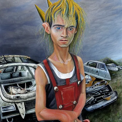 Image similar to a skinny high-fantasy elf with a long narrow face and spiky blonde hair wearing dark brown overalls and holding a firecracker standing next to a destroyed car, painting by Vanessa Beecroft