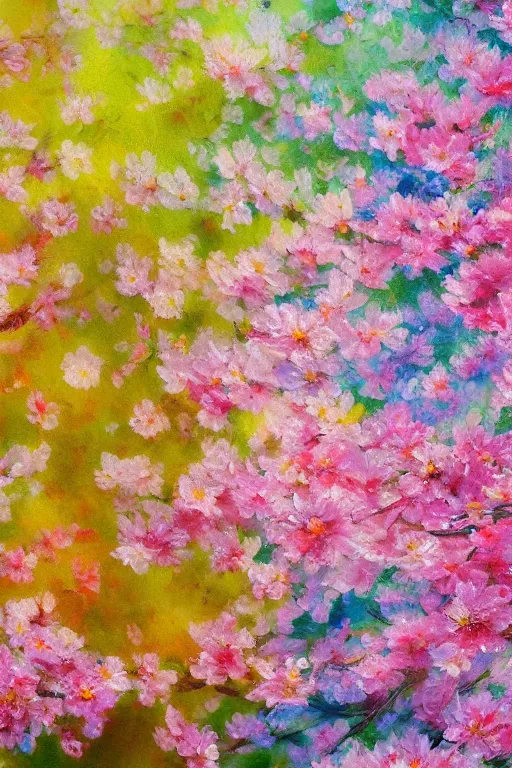 Image similar to Hanami flowers in impressionism style, close up painting