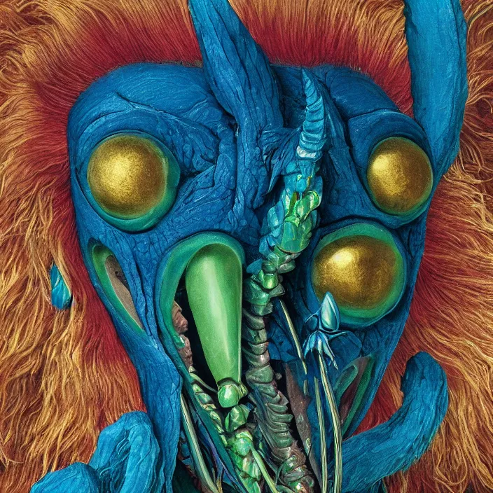 Image similar to close up portrait of a mutant monster creature with colorful exotic indigo iris eyes, crystal teeth, mantis composure. gold, vermillon. by jan van eyck, walton ford