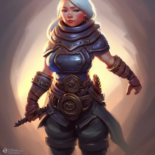 Prompt: muscular female gnome engineer artificer, chunky gauntlets, short black undercut hairstyle, naval landscape, full body portrait, d & d, fantasy, intricate, elegant, highly detailed, digital painting, artstation, centred, rule of thirds, concept art, matte, sharp focus, illustration, cover by artgerm, art by greg rutkowski