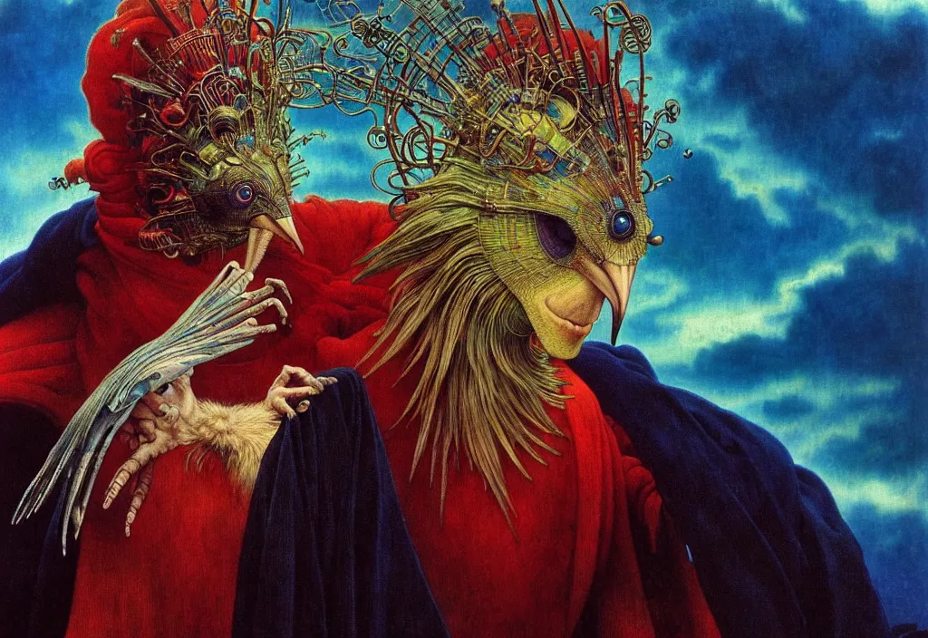 Image similar to realistic detailed portrait movie shot of a birdman wearing dark robes, sci fi city landscape background by denis villeneuve, amano, yves tanguy, alphonse mucha, ernst haeckel, max ernst, roger dean, masterpiece, rich moody colours, blue eyes, snarling dog teeth