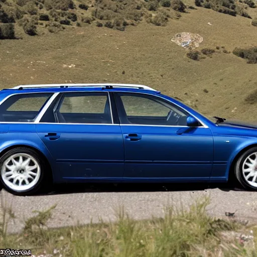 Prompt: Denim Audi A4 B6 Avant (2002) on a mountain, wide shot