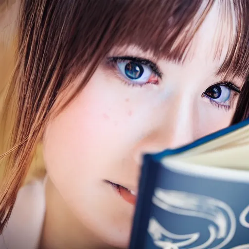 Image similar to a girl reading a book, modelsociety, radiant skin, huge anime eyes, RTX on, perfect face, intricate, Sony a7R IV, symmetric balance, polarizing filter, Photolab, Lightroom, 4K, Dolby Vision, Photography Award