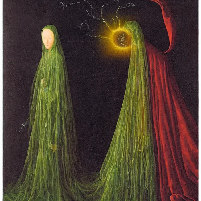 Image similar to a closeup portrait of a cloaked woman floating next to an squid nebula, squid nebula, by jan van eyck