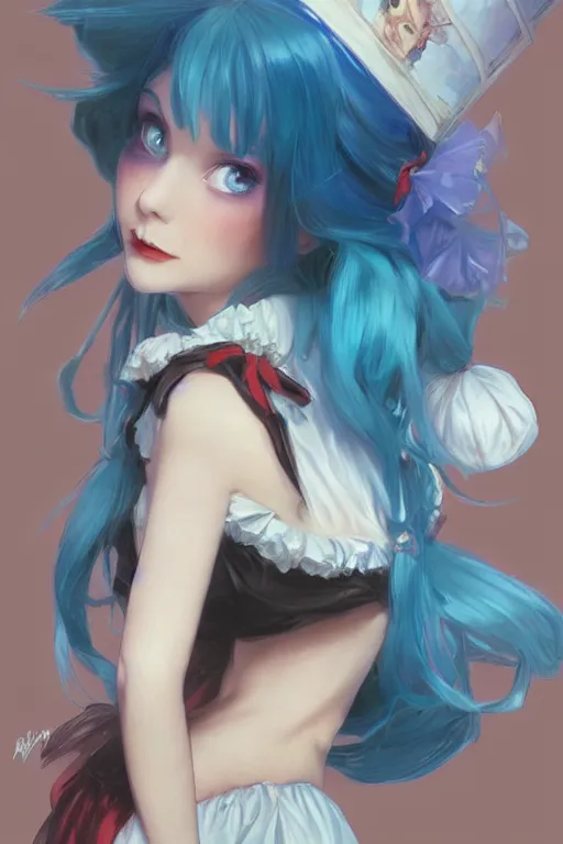 Image similar to pretty girl with blue hair, rem rezero dressed as alice in wonderland, digital painting, 8 k, concept art, art by wlop, artgerm, greg rutkowski and alphonse mucha