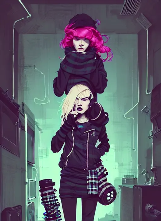 Image similar to highly detailed portrait of a sewer punk lady, tartan hoody, blonde ringlet hair by atey ghailan, by greg rutkowski, by greg tocchini, by james gilleard, by joe fenton, by kaethe butcher, gradient magenta, black, blonde cream and white color scheme, grunge aesthetic!!! ( ( graffiti tag wall background ) )