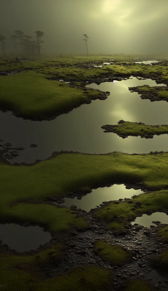 Prompt: bubbling peat bog from which grow lush carnivorous plants, murky water, reflections, contrasting light, attention to detail, dark and dramatic atmosphere of prehistoric life, volumetric fog, raytracing, back light, raymarching, by ilm, by digital domain, by weta digital