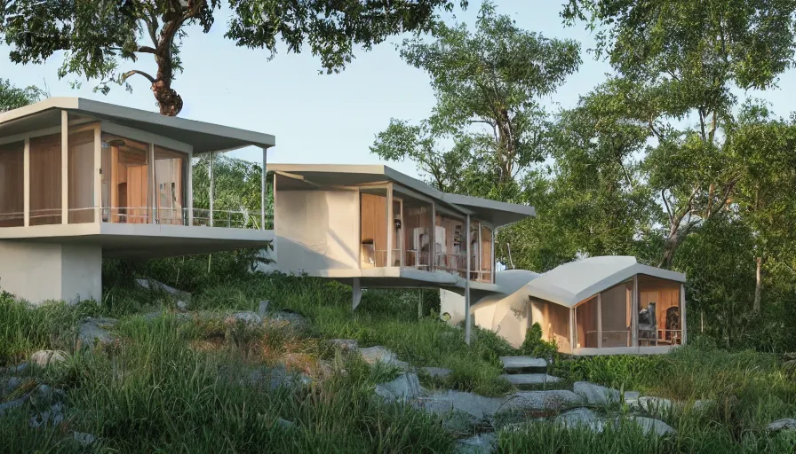 Image similar to A wide image of an eco-community neighborhood of innovative contemporary 3D printed prefab sea ranch style cabins with rounded corners and angles, beveled edges, made of cement and concrete, organic architecture, in a lush green eco community with side walks, parks and public space , Designed by Gucci and Wes Anderson, golden hour