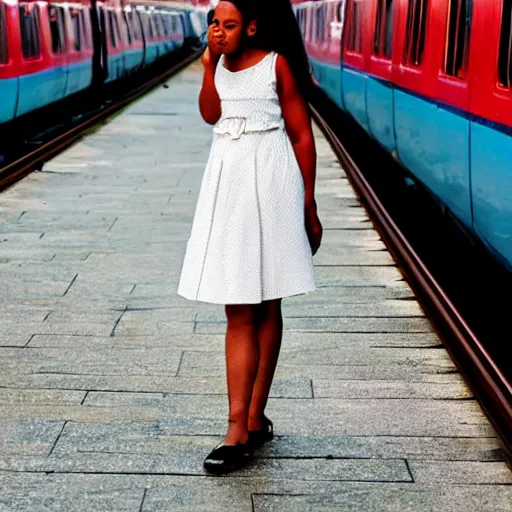 Image similar to girl in red dress standing on the train platform crying