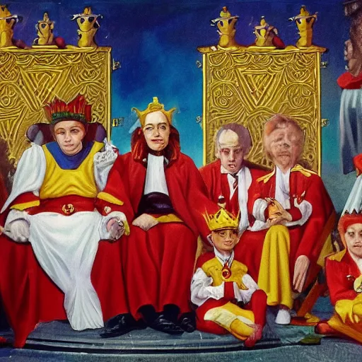 Image similar to Ronald McDonald Burger King coronation ceremony official lesser key of solomon masonic highly symbolic oil painting Turkish broadcast 720p film grain DVD rip