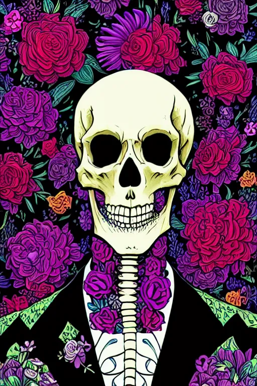 Prompt: portrait of a skeleton in a black suit and tie with flower shirt, vivid flower background by Jen Bartel and Dan Mumford and Satoshi Kon, gouache illustration