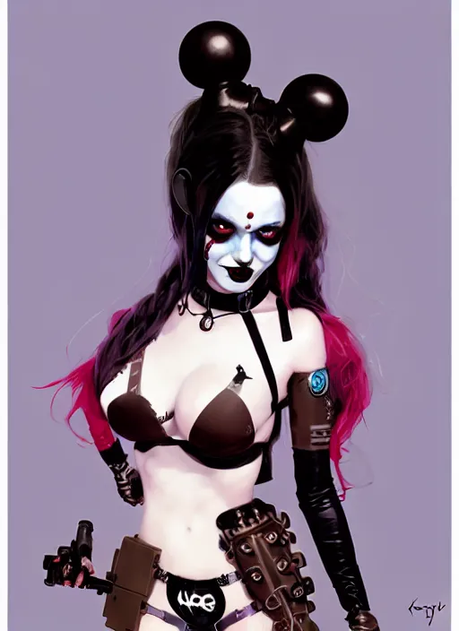 Image similar to portrait of cute goth harley quinn in cyber bikini armor, warhammer, cyberpunk, by atey ghailan, by greg rutkowski, by greg tocchini, by james gilleard, by joe fenton, by kaethe butcher, by gustav klimt, dynamic lighting, gradient light blue, brown, blonde cream and white color in scheme, grunge aesthetic