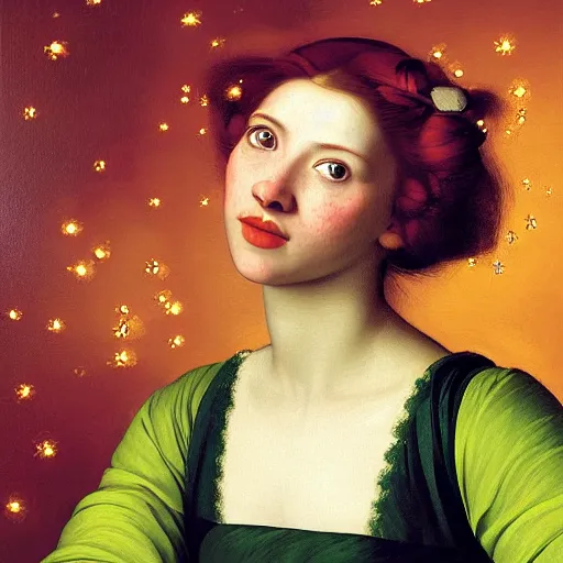 Image similar to portrait of happy a young woman, among the lights of golden fireflies and nature, long loose red hair, intricate details, bright green eyes, freckles on the nose, round gentle face, romantic dress, deep focus, sharp, golden ratio, hyper realistic digital art by artemisia lomi gentileschi and caravaggio