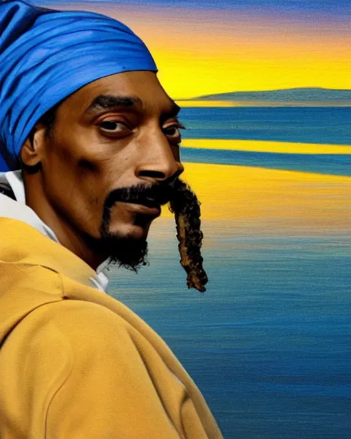 Image similar to snoop Dogg dressed as The girl with the pearl earring, smoking, Long Beach background, sunset