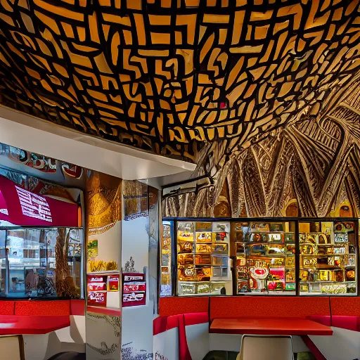 Image similar to High-quality photography of a McDonald's designed by Antoni Gaudi, award-winning architecture photography, Canon TS-E 17 mm