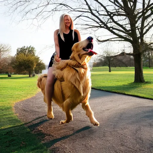 Image similar to human riding giant golden retriever in the park, trending on attestation