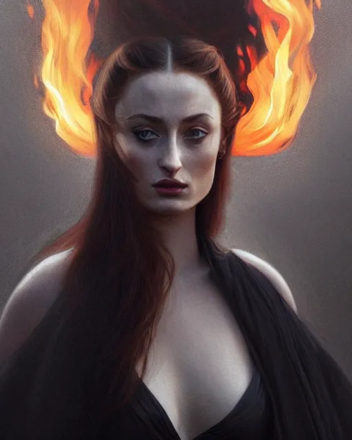 Prompt: Sophie Turner in an elegant black silk dress casting a fire spell, fire reflection in eyes, extreme close-up, deep focus, D&D, fantasy, intricate, elegant, highly detailed, digital painting, artstation, concept art, matte, sharp focus, illustration, hearthstone, art by Artgerm and Greg Rutkowski and Alphonse Mucha