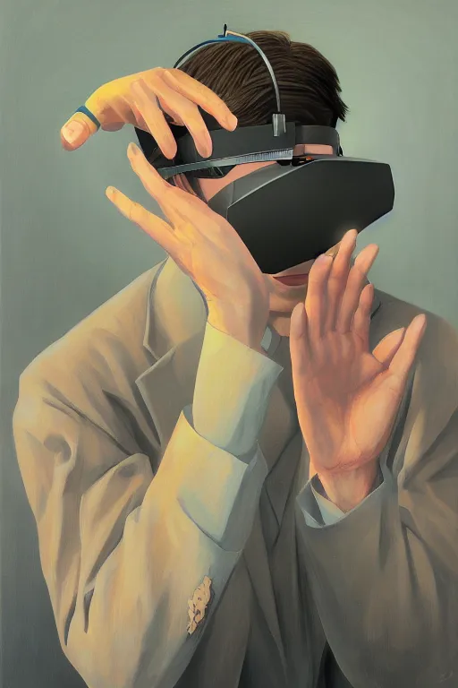 Image similar to satoshi nakamoto wearing oculus and bitcoin over his head edward hopper and james gilleard, zdzislaw beksisnski, higly detailed