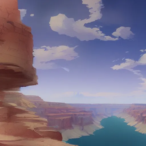 Image similar to concept art painting of a wide grand canyon with ocean inside, giant river, with unfinished bridge under construction, realistic, detailed, cel shaded, in the style of makoto shinkai and greg rutkowski and james gurney